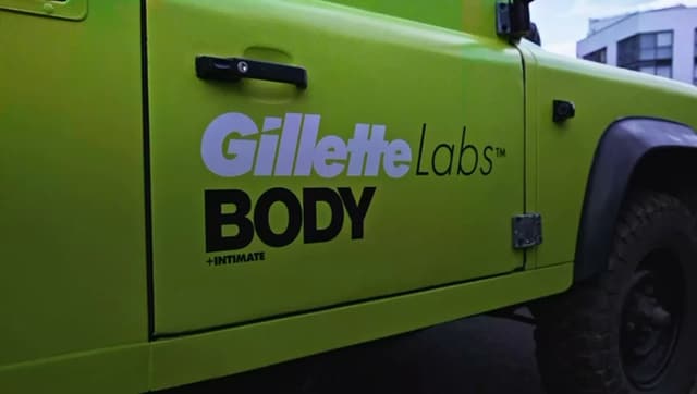 Close up of the Gillette Labs BODY decal on the AdRover door